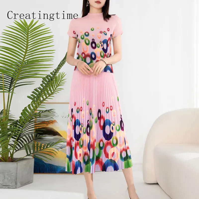 Fashion Print Pleated Set Women's 2023 Summer Pullover Stretch Short Sleeve Top Elastic Waist Loose Drape Skirt Two-piece 1B347 
Fashion Print Pleated Set Women's 2023 Summer Pullover Stretch Short Sleeve Top Elastic Waist Loose Drape Skirt Two-piece 1B347