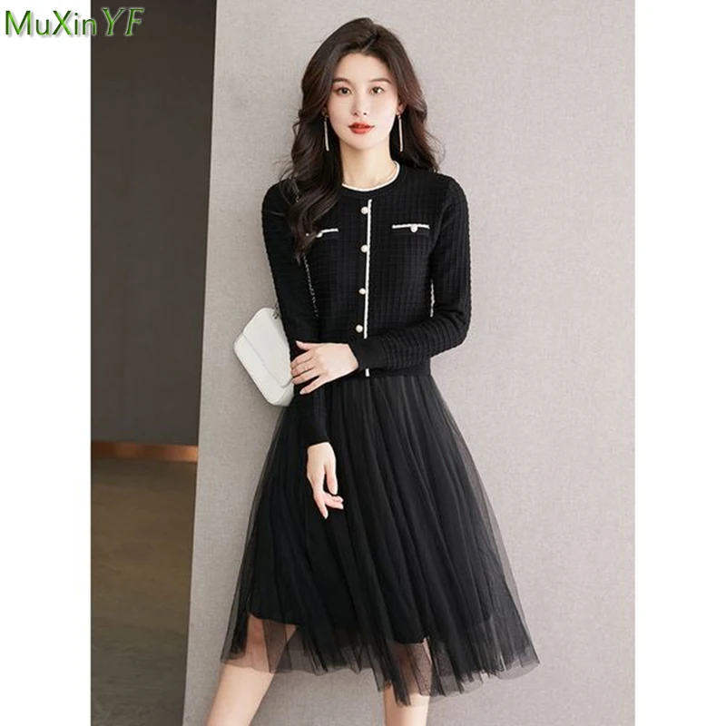 Women Graceful Black Knitting Dress Autumn Winter Korean Lady Sweater Mesh Patchwork Dresses Fake Two Piece Set Clothing Female
Women Graceful Black Knitting Dress Autumn Winter Korean Lady Sweater Mesh Patchwork Dresses Fake Two Piece Set Clothing Female