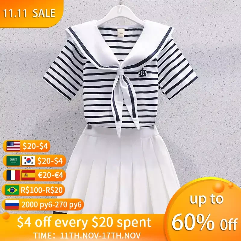 Summer Girls Suit Korean Style Sailor Collar Stripe Short Sleeve+Pleated Skirt 2Pcs Suits Jk Uniform Skirt Outfits for Girl 3-13
Summer Girls Suit Korean Style Sailor Collar Stripe Short Sleeve+Pleated Skirt 2Pcs Suits Jk Uniform Skirt Outfits for Girl 3-13