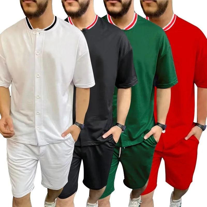Summer new men's foreign trade solid color stand-up collar buttoned short-sleeved shorts casual sports suit S-4XL
Summer new men's foreign trade solid color stand-up collar buttoned short-sleeved shorts casual sports suit S-4XL