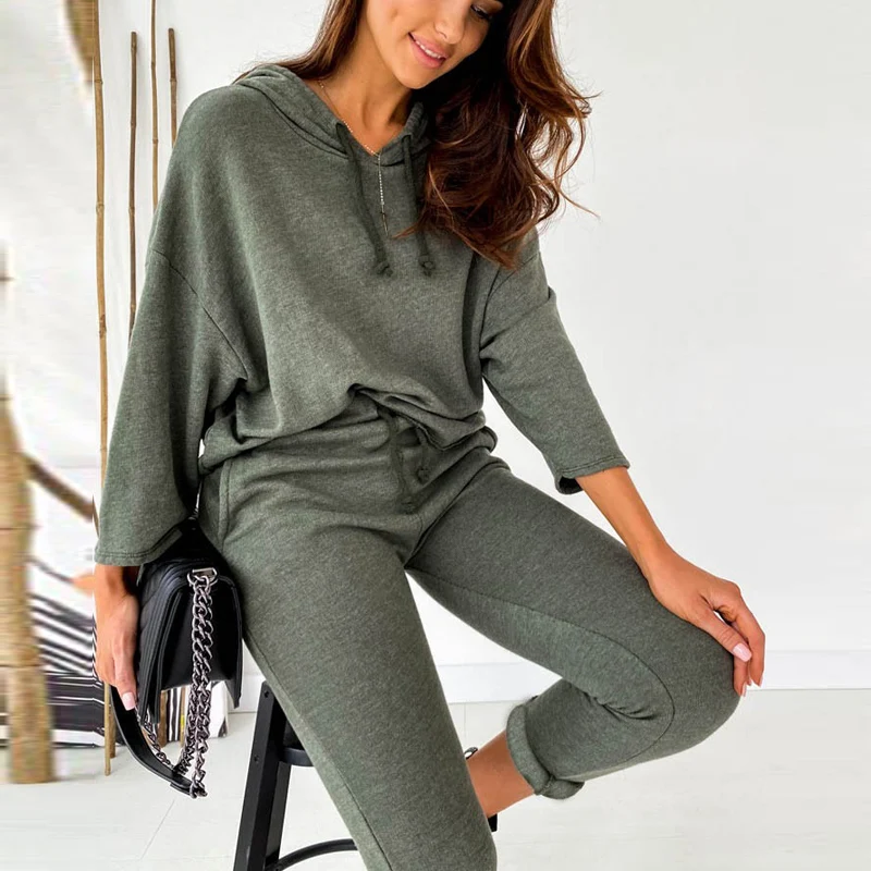 Early Fall Casual Ladies Solid Sports 2 Piece Set Fashion Women Long Sleeve Drawstring Hooded Top and Slim Drawstring Pants Suit
Early Fall Casual Ladies Solid Sports 2 Piece Set Fashion Women Long Sleeve Drawstring Hooded Top and Slim Drawstring Pants Suit