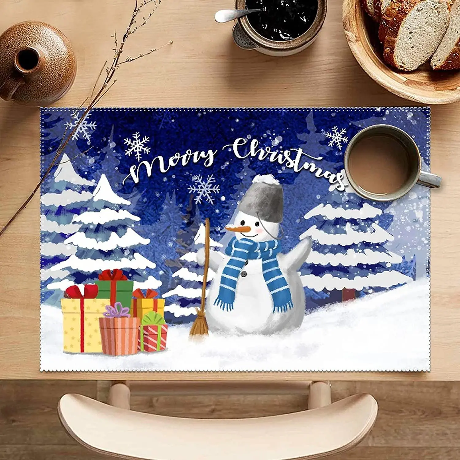 

Merry Christmas Table Placemats Set of 4 Snowman In Winter Snow Snowflake Scarf Hat Tablemats Heat Resistant Place Mats Kitchen