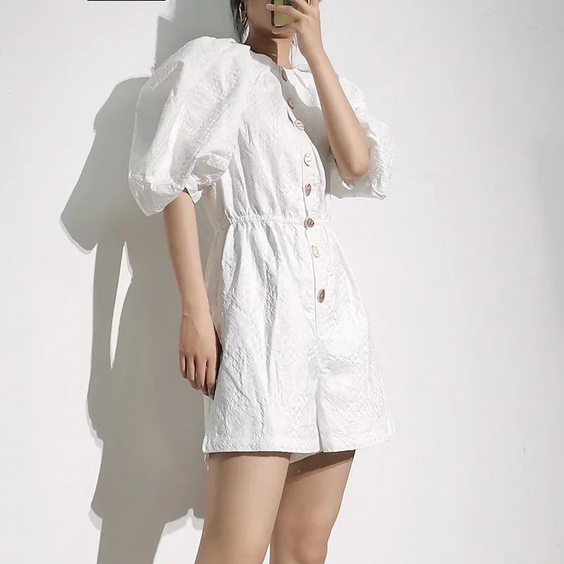 Women's Bishop Sleeve High Waisted Buttoned Rompers - Round-Neck, Loose Fit, White
Women's Bishop Sleeve High Waisted Buttoned Rompers - Round-Neck, Loose Fit, White