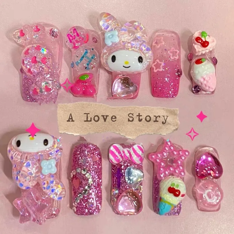 

Y2k мультфильм Hello Kitty моя мелодия ношение Броня Милая крутая Девушка ручной работы Маникюр Sanrio Kawaii многоразовые искусственные ногти подарок для девочки