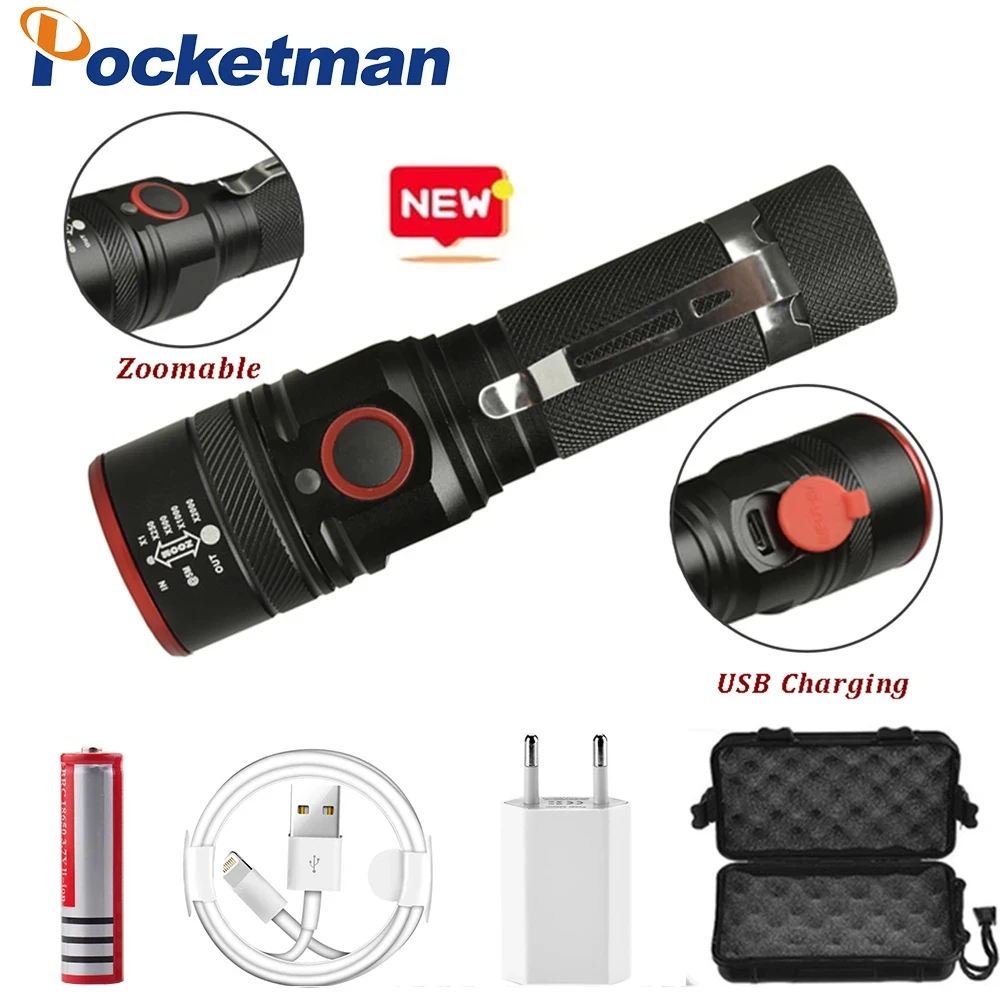New XML-T6 LED Flashlight 3 Switch Modes Rechargeable Flashlights Waterproof Torch for Camping Hiking Fishing
New XML-T6 LED Flashlight 3 Switch Modes Rechargeable Flashlights Waterproof Torch for Camping Hiking Fishing
