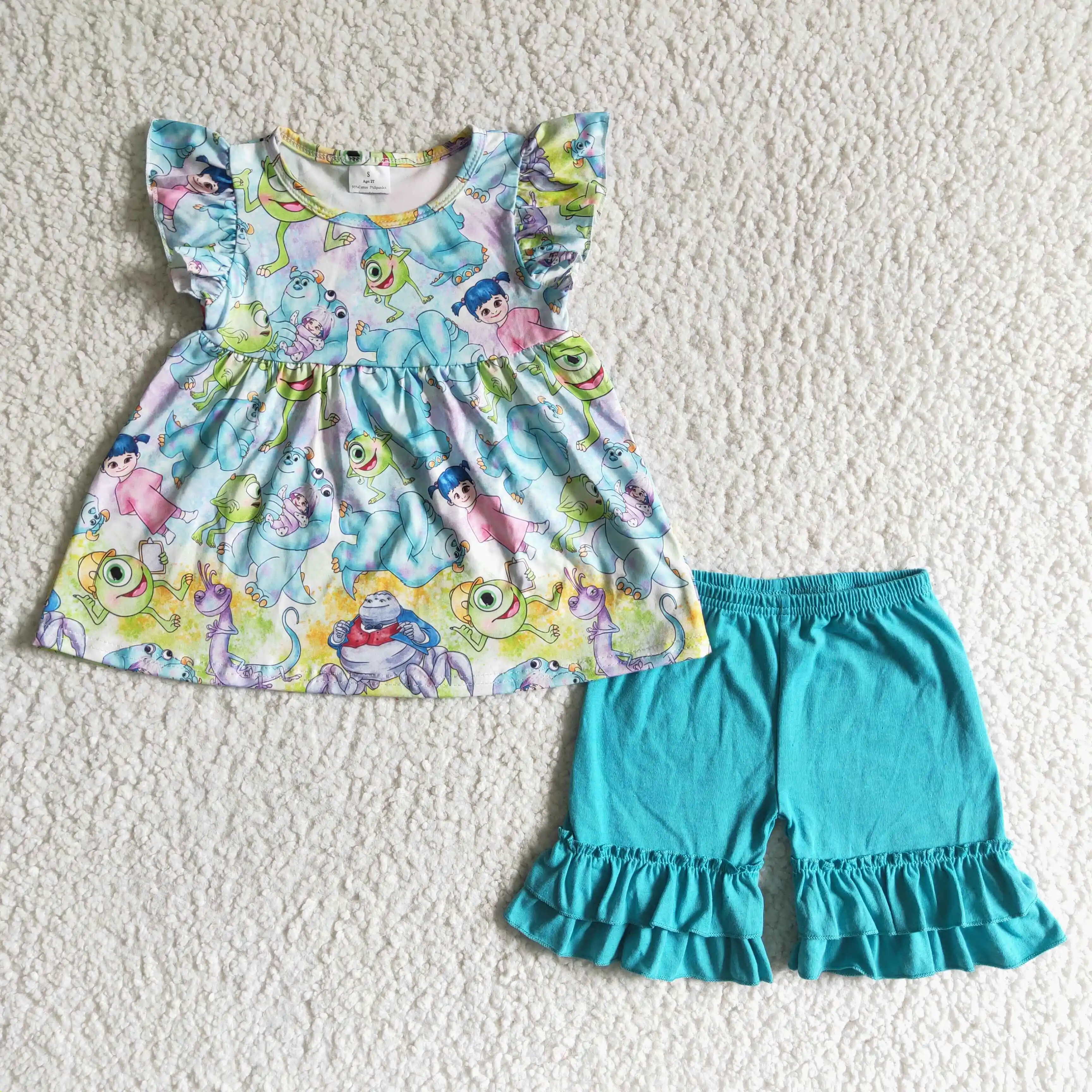 

RTS Baby Girls Kids Blue Green Boutique Flutter Sleeve Tunic Top Ruffle Shorts Summer Boutique Outfits 2pcs Clothing
