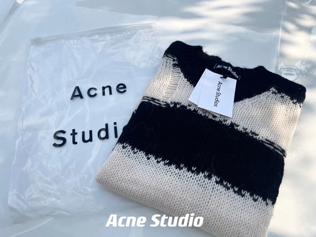 

22aw new AC studios black and white striped perforated mohair sweater classic element lazy style blended fabric loose acne