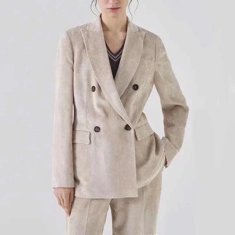 Женский Повседневный комплект из 2 предметов, двубортный блейзер с отложным воротником и прямые брюки с широкими штанинами, Модный Элегантный Новый вельветовый костюм, 2023 
Женский Повседневный комплект из 2 предметов, двубортный блейзер с отложным воротником и прямые брюки с широкими штанинами, Модный Элегантный Новый вельветовый костюм, 2023