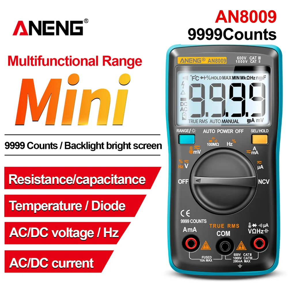ANENG Smart Multimeter AN8009 9999 Counts Meter DC/AC Voltage Current Car Hz Capacitance NCV Ohm Test Electrical Multimeter Tool
ANENG Smart Multimeter AN8009 9999 Counts Meter DC/AC Voltage Current Car Hz Capacitance NCV Ohm Test Electrical Multimeter Tool