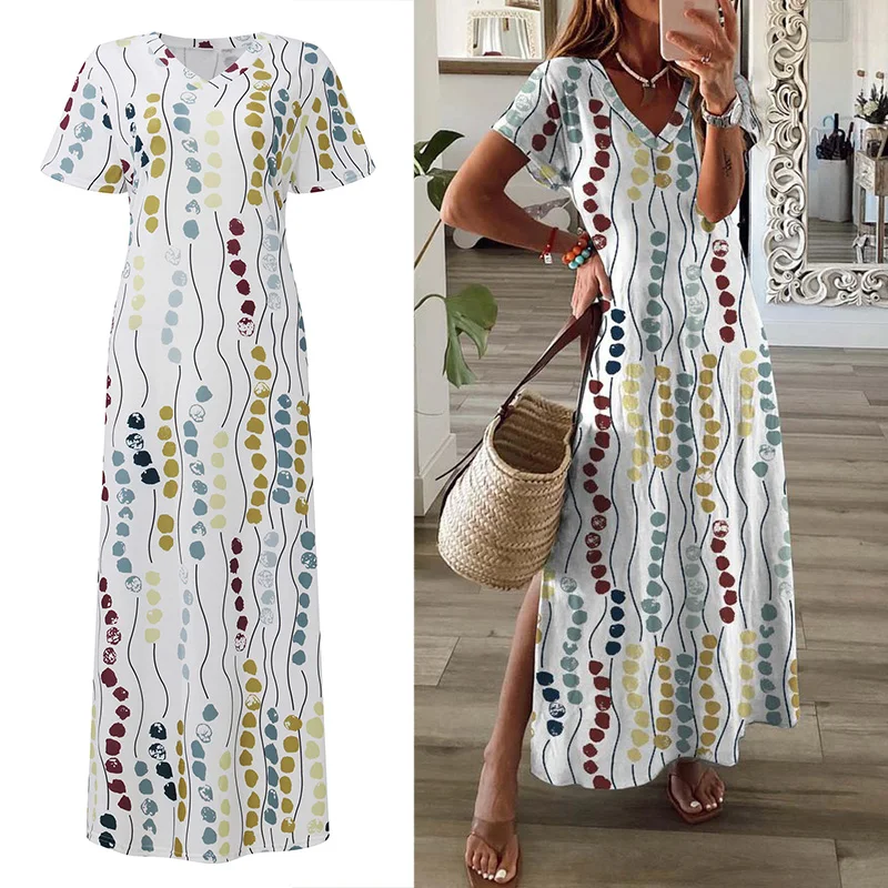 Sexy Women's Long Dress Summer Casual Short Sleeve Printing Floral Maxi Dress Vintage Hem Slit V Neck Bohemia Casual Beach Dress
Sexy Women's Long Dress Summer Casual Short Sleeve Printing Floral Maxi Dress Vintage Hem Slit V Neck Bohemia Casual Beach Dress
