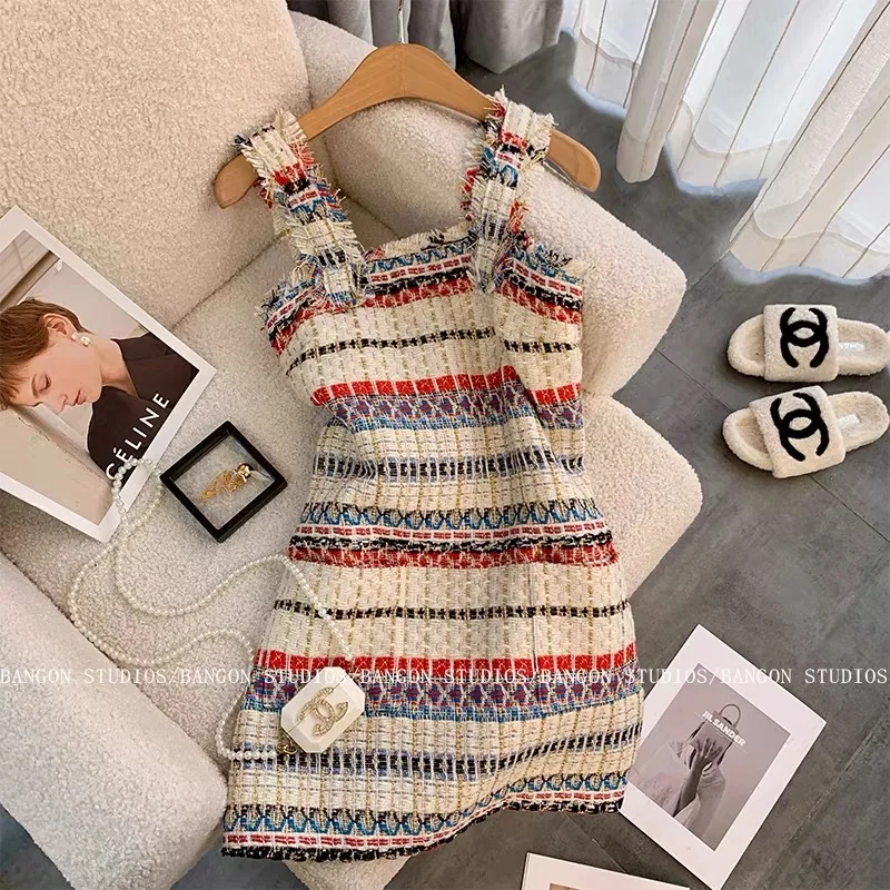 Elegant Casual Sling Tweed Mini Dress For Women Summer Sexy Sleeveless Backless Stripe Strap Party Dress With Pocket Vestidos 
Elegant Casual Sling Tweed Mini Dress For Women Summer Sexy Sleeveless Backless Stripe Strap Party Dress With Pocket Vestidos