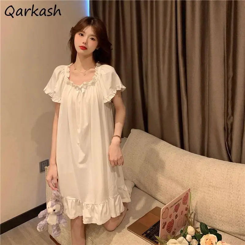 

Nightgowns Women Ruffles Homewear Sexy Basic French Style Summer Elegant Stylish Tender Ladies Solid Design Cozy Simple Fashion