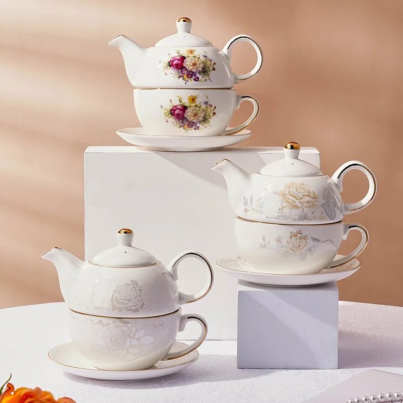 

480ml Ceramic Tea for One Set Floral Teapot Tea Cup Saucer Gold Plating Coffee Mug Flower Kettle Wedding Gift