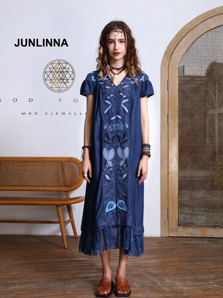 JUNLINNA Vintage Women Denim Dresses 2022 Summer New V Neck Short Sleeve Mesh Panelled Embroidery Loose Holliday Vetidos
JUNLINNA Vintage Women Denim Dresses 2022 Summer New V Neck Short Sleeve Mesh Panelled Embroidery Loose Holliday Vetidos