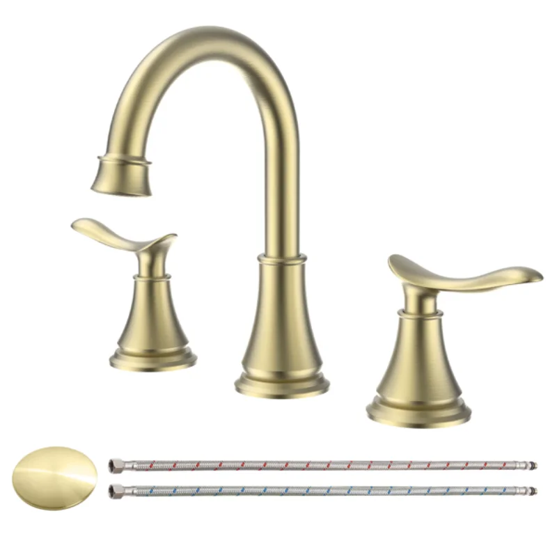 

2-Handle 8 Inch Widespread Bathroom Sink Faucet Brushed Gold Lavatory Faucet 3 Hole 360° Swivel Spout Vanity Sink