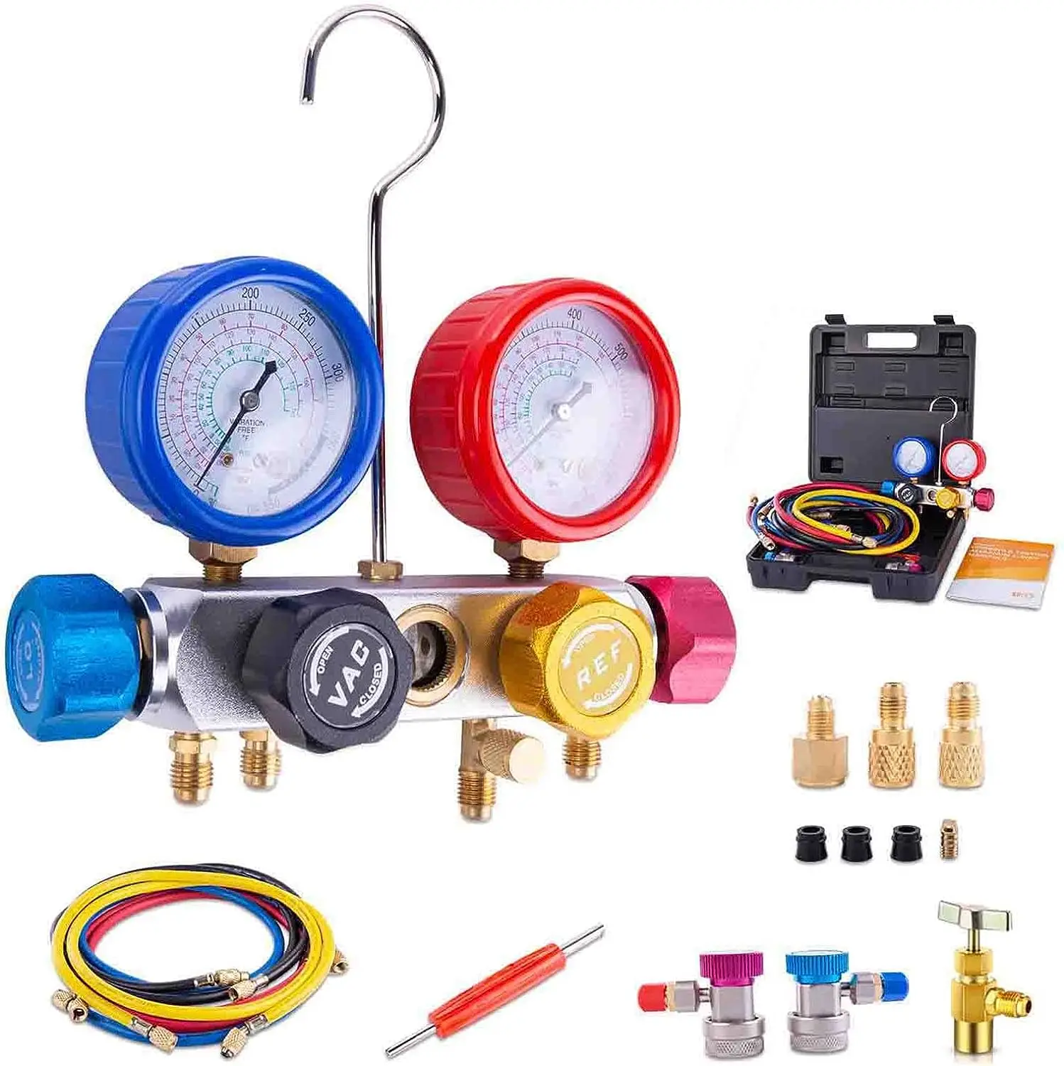 4 Way AC Diagnostic Manifold Gauge Complete Set for R134A R410A R22, with 5FT Hose, 3 Tank Adapters, Adjustable Quick Couplers
4 Way AC Diagnostic Manifold Gauge Complete Set for R134A R410A R22, with 5FT Hose, 3 Tank Adapters, Adjustable Quick Couplers