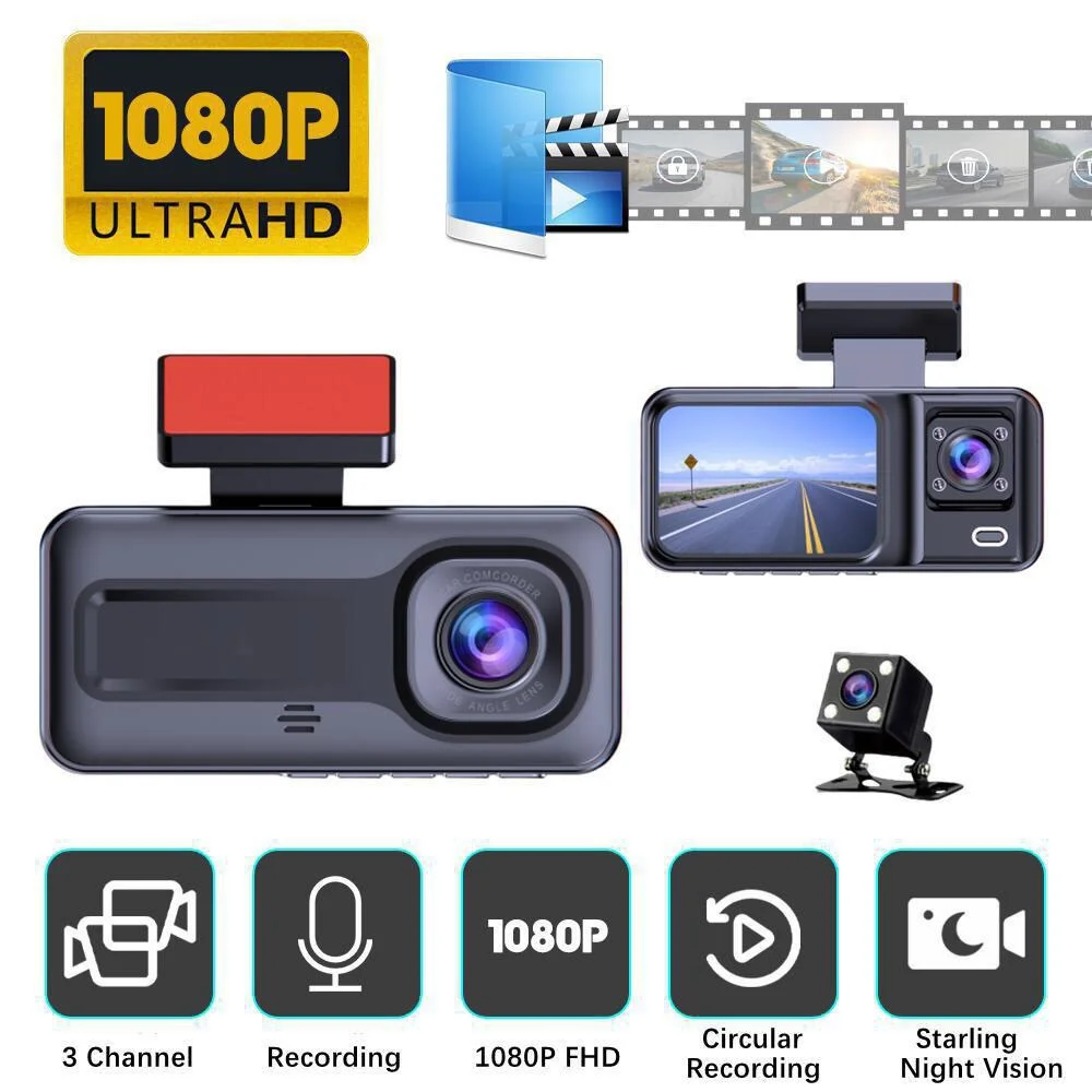 

Автомобильный видеорегистратор 1080P, три камеры, видеорегистратор с GPS, фронтальная, внутренняя, задняя линза, видео, 3-канальная камера, 24-часовой монитор парковки, Автомобильный видеорегистратор