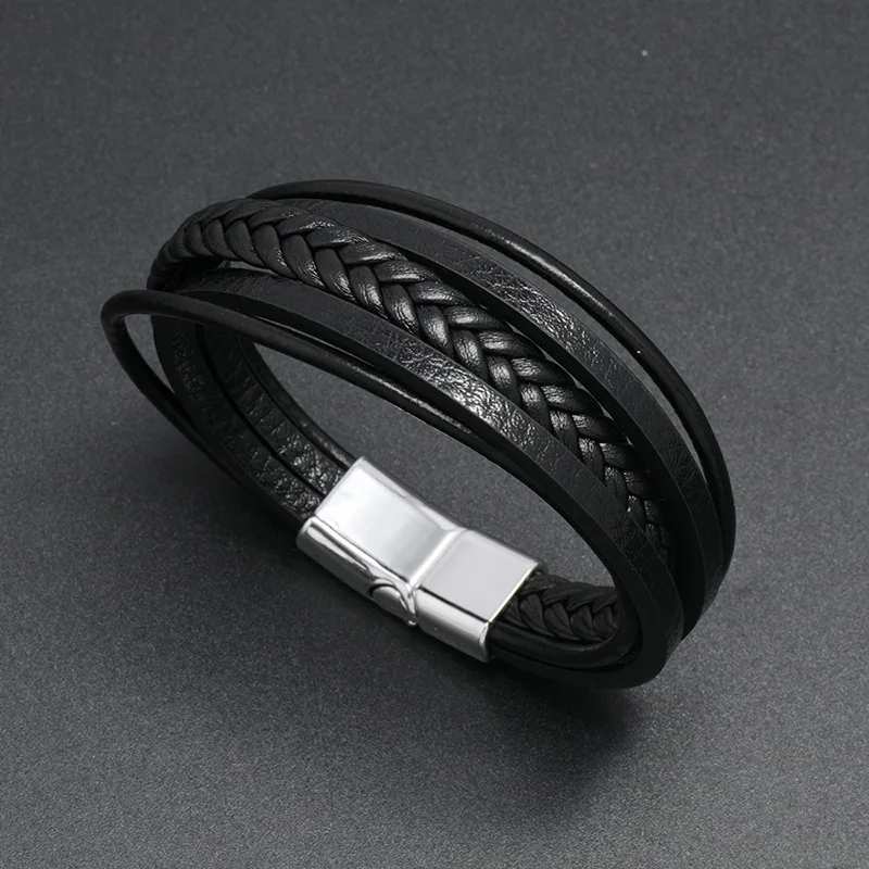 

KOTiK Black Brown Braided Leather Wrap Bracelet for Men Punk Vintage Multilayer Cuff Bangle Birthday Jewelry Gift