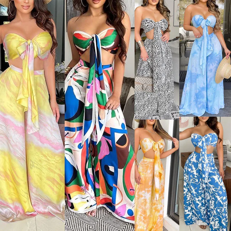 2022 Summer New Two-piece Set of Casual Printed Slim Fit Sexy Sleeveless Lace Up Tops and Wide Leg Pants Suit
2022 Summer New Two-piece Set of Casual Printed Slim Fit Sexy Sleeveless Lace Up Tops and Wide Leg Pants Suit