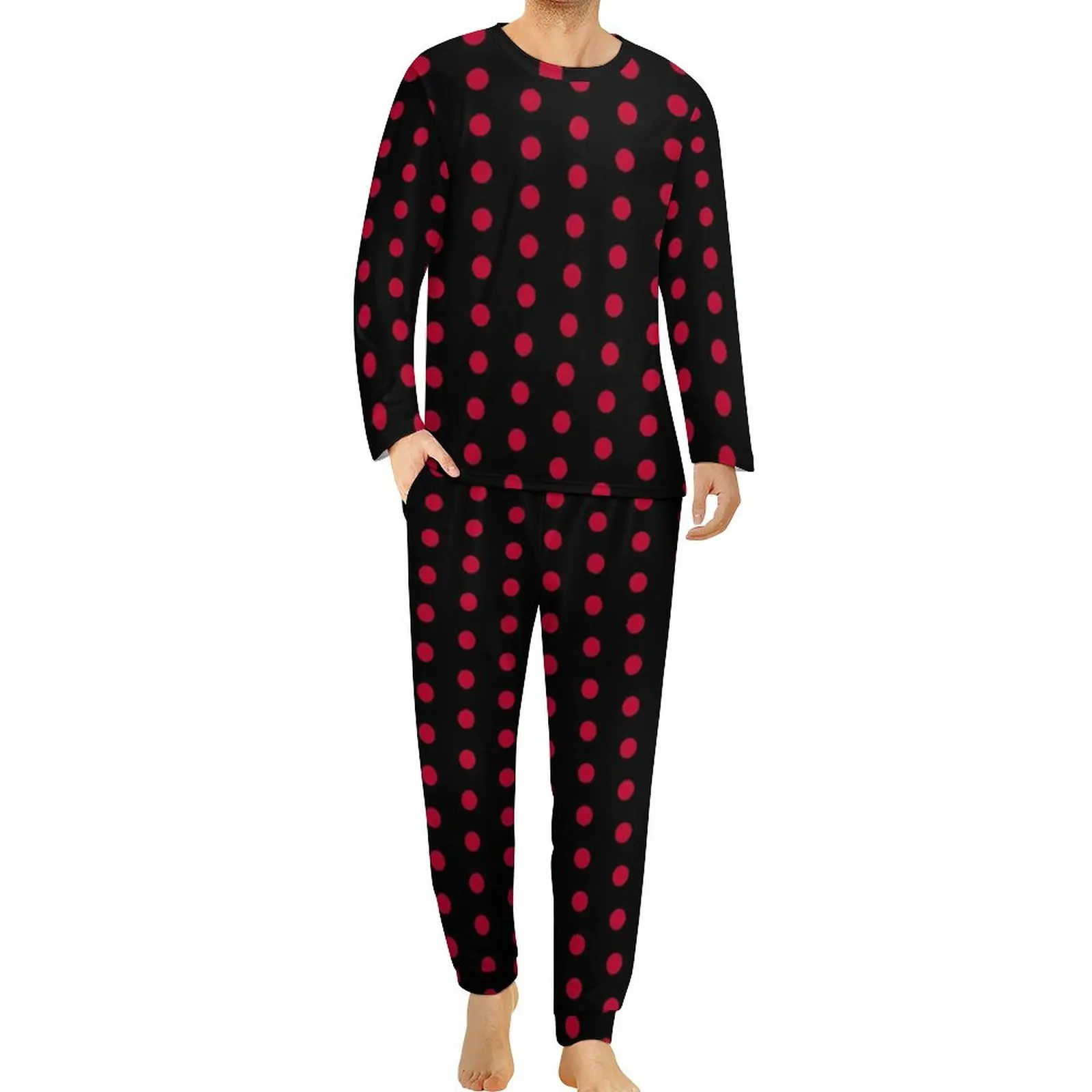 

Black with Red Polka Dot Pajamas Man Dotted 70S Vintage Trendy Nightwear Autumn Long Sleeve 2 Pieces Bedroom Custom Pajama Sets