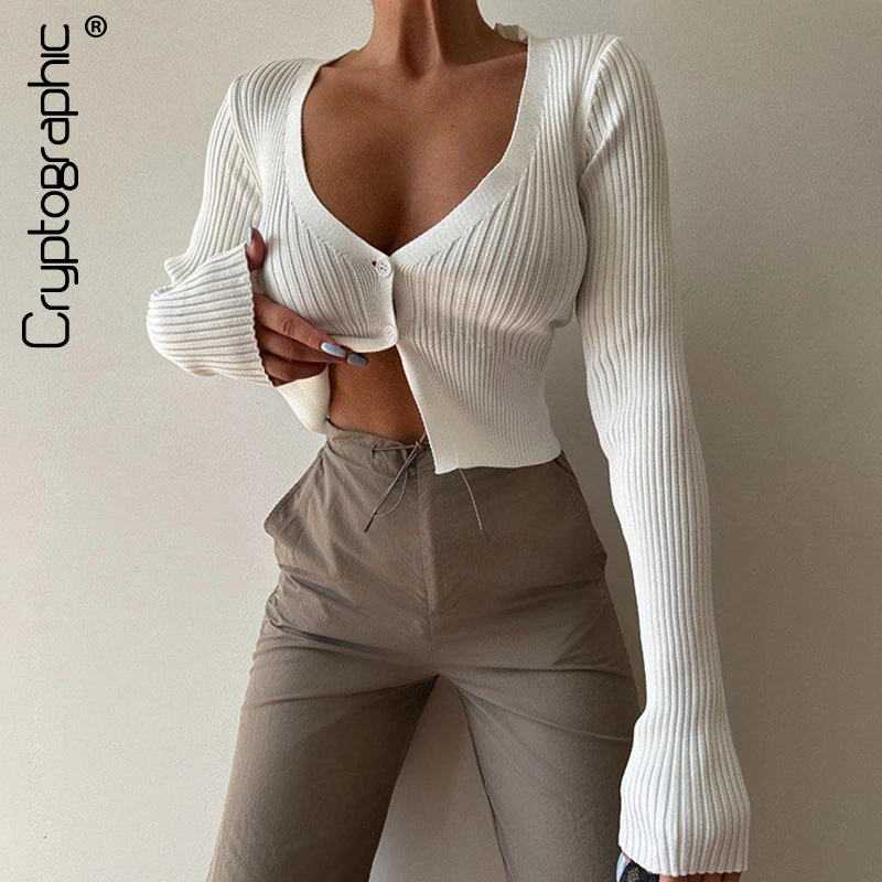 

Cryptographic Autumn Long Sleeve Ribbed Knitted Top Elegant Solid Sexy V Neck Plunge Cropped Tops Blouse Cardigans Button Basic