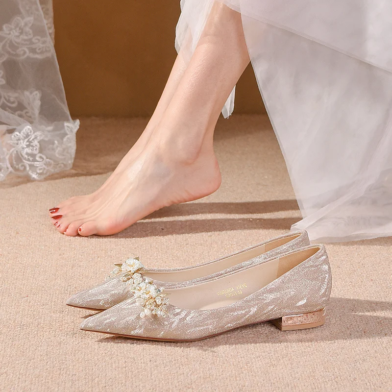 

Туфли-лодочки женские с жемчугом, заостренный носок, низкий каблук, пикантная Свадебная обувь, лето 2022