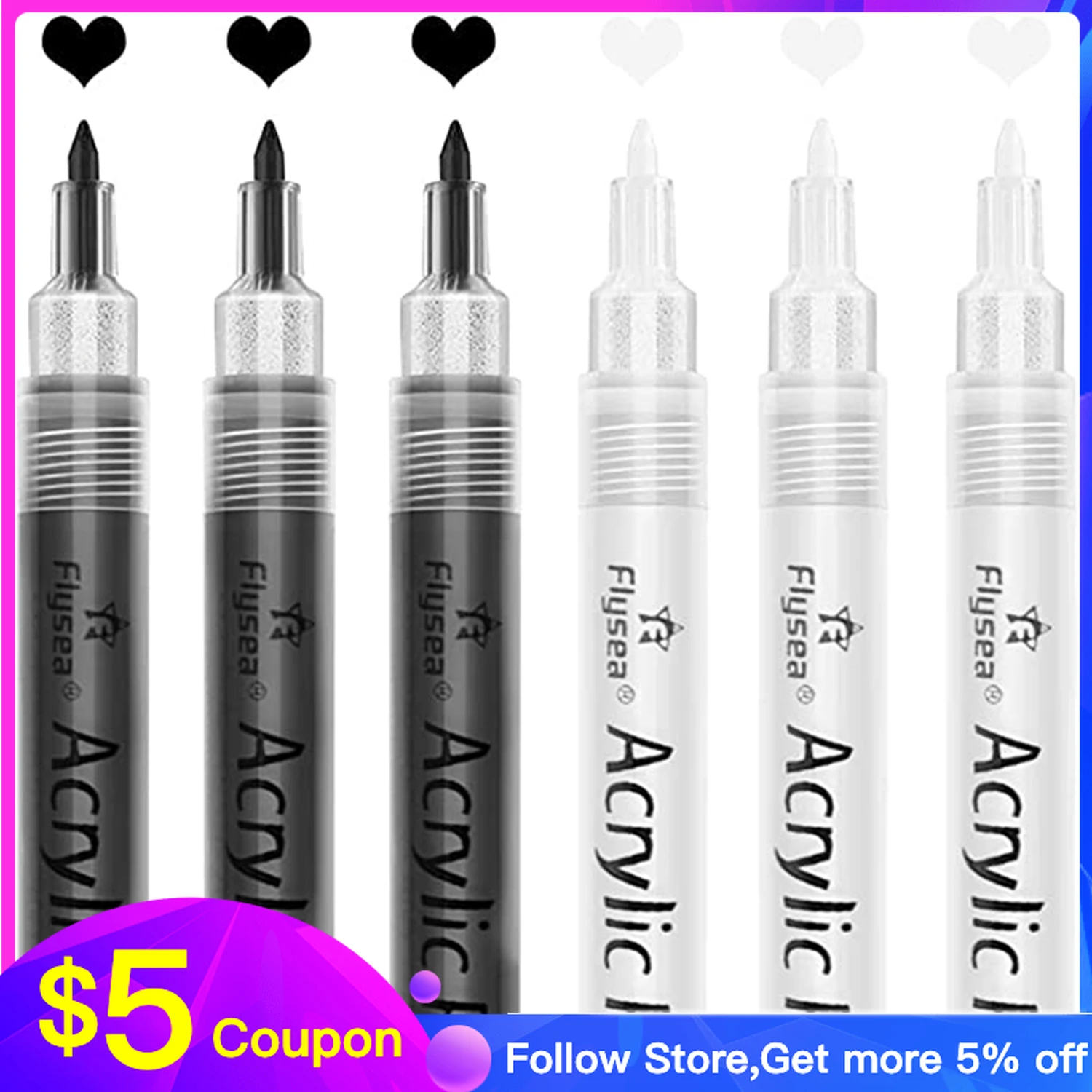 3 Black 3 White Paint Markers 0.7mm Extra Fine Tip Acrylic Paint Pens for Rock Painting Stone Water-Based Acrylic Paint Sets
3 Black 3 White Paint Markers 0.7mm Extra Fine Tip Acrylic Paint Pens for Rock Painting Stone Water-Based Acrylic Paint Sets