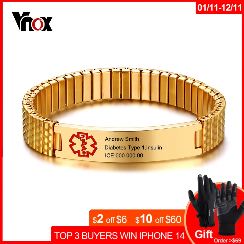 

Vnox Elastic Chain Free Engraving Medical Alert ID Bracelet for Women Men Stainless Steel Emergency Personalize Unisex Jewelry
