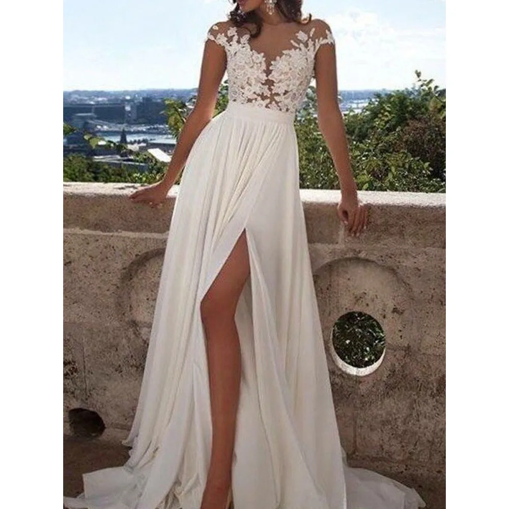 

Beach Wedding Dress Sheath/Column Bateau Cap Sleeves Summer Illusion Wedding Gowns Sweep Train Thigh Slit Applique Bridal Dress