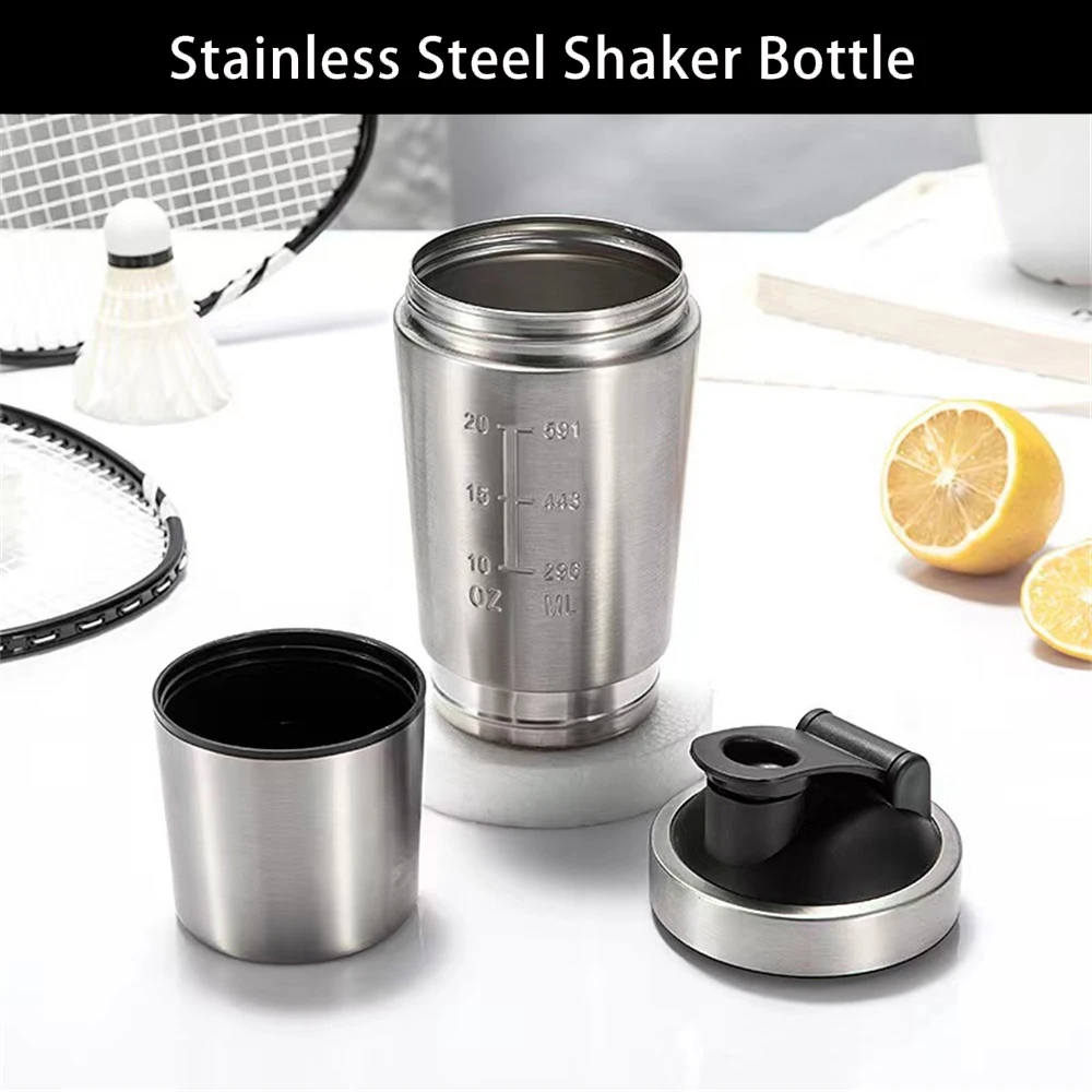 

Stainless Steel Water Bottle Protein Shaker With Compartment For Bodybuilding Nutrition Supplements Gym Metal Mixer Cup 600ml