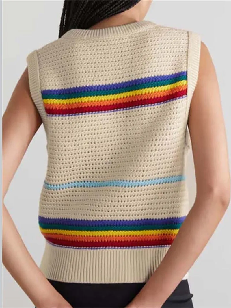 Ladies O-Neck Sleeveless Slim Knitted Sweater Women's Embroidered Rainbow Striped Knit Vest Top
Ladies O-Neck Sleeveless Slim Knitted Sweater Women's Embroidered Rainbow Striped Knit Vest Top