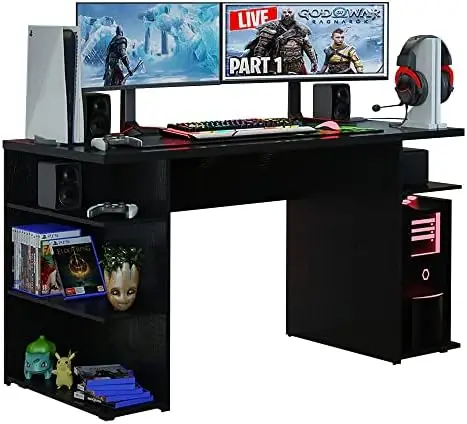 

Computer Desk with 5 Shelves, Cable Management and Large Monitor Stand, Wood, 24" D x 53" W x 29" H - Black/Blue