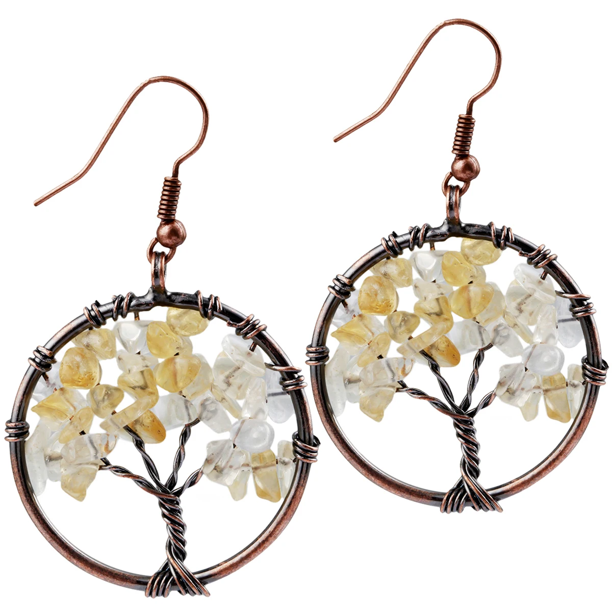 

TUMBEELLUWA Citrine Crystal Tumbled Stone Vintage Retro Tree of Life Handmade Wrapped Bronze Wire Dangle Drop Hook Earrings