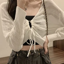 White Cardigans Woman Korean Style Slim Knitted Cardigan Female Sweet Fashion Casual Hollow Out Cropped Knitwear Tops Ladies