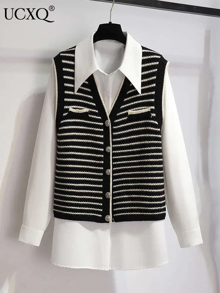 UCXQ Striped Black Knit Vest With Long Sleeve Single Breasted Loose Fashion Shirt 2023 Autumn Winter New Female Clothes 23A5178
UCXQ Striped Black Knit Vest With Long Sleeve Single Breasted Loose Fashion Shirt 2023 Autumn Winter New Female Clothes 23A5178