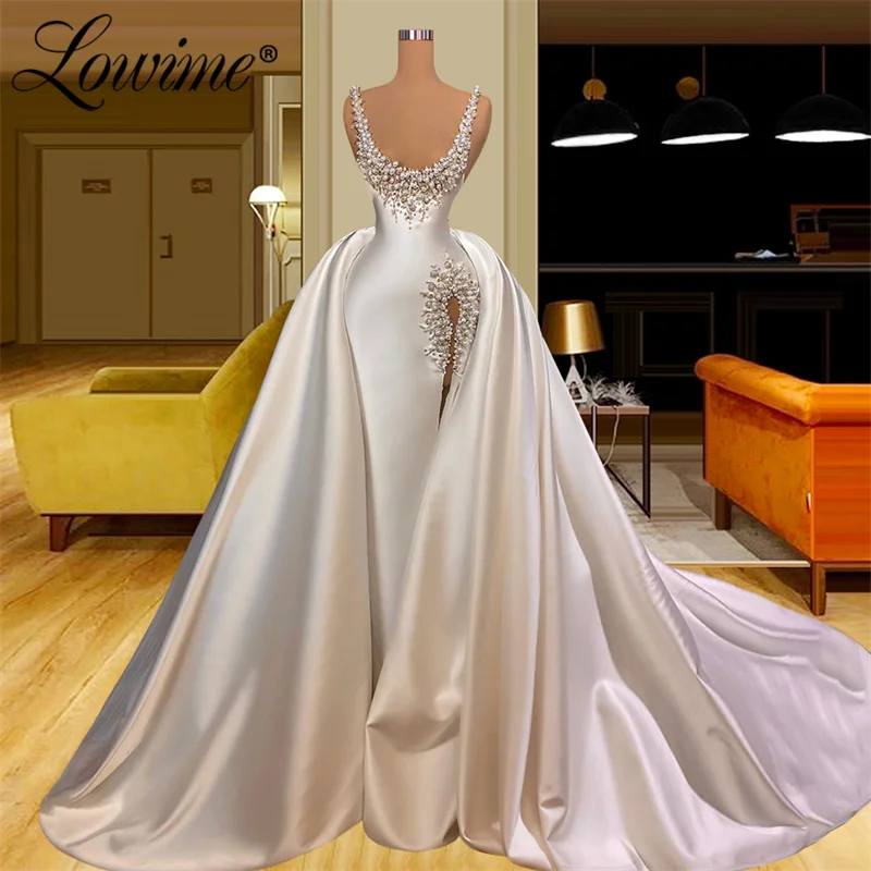 

Lowime Couture Pearls Beading Long Evening Dresses 2022 Elegant Satin Mermaid Wedding Party Dress Arabic Dubai Prom Gowns Robes
