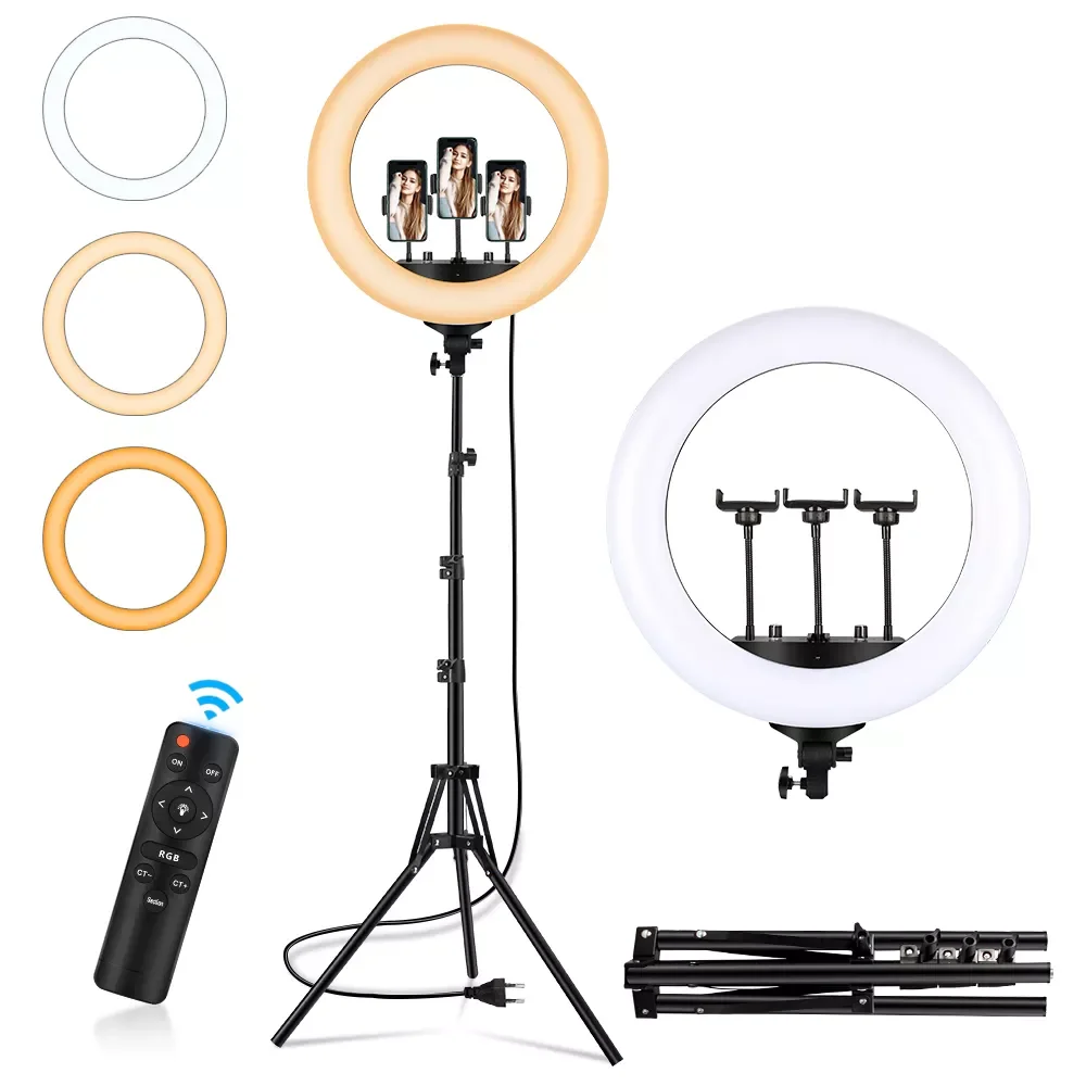 18 Inch Bi-Color Ring Light LED 3000-6500K Selfie Fill Lamp with Tripod Remote Dimmable 3 Phone Clips Photography Live Lighting
18 Inch Bi-Color Ring Light LED 3000-6500K Selfie Fill Lamp with Tripod Remote Dimmable 3 Phone Clips Photography Live Lighting