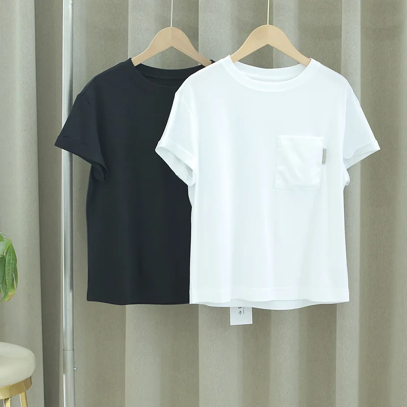 Women T-Shirt Pocket Beaded Rolled Short Sleeve Casual Tees
Women T-Shirt Pocket Beaded Rolled Short Sleeve Casual Tees