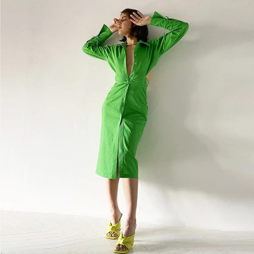 2022 spring new green temperament waistless hollow design shirt dress long-sleeved mid-length skirt bow female bodycon dress
2022 spring new green temperament waistless hollow design shirt dress long-sleeved mid-length skirt bow female bodycon dress