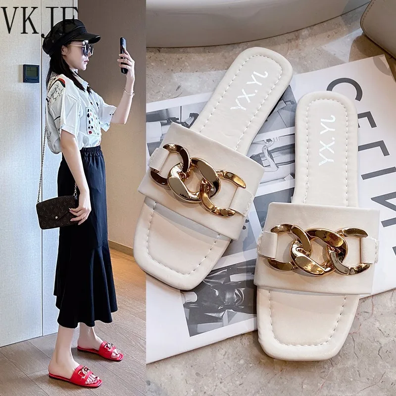 Metal Chain Slippers Women Open Toe Flat Casual Slide Beach Flip Flops Candy Color Sandals Shoes Green Big Size 41 42 Hot Sale
Metal Chain Slippers Women Open Toe Flat Casual Slide Beach Flip Flops Candy Color Sandals Shoes Green Big Size 41 42 Hot Sale