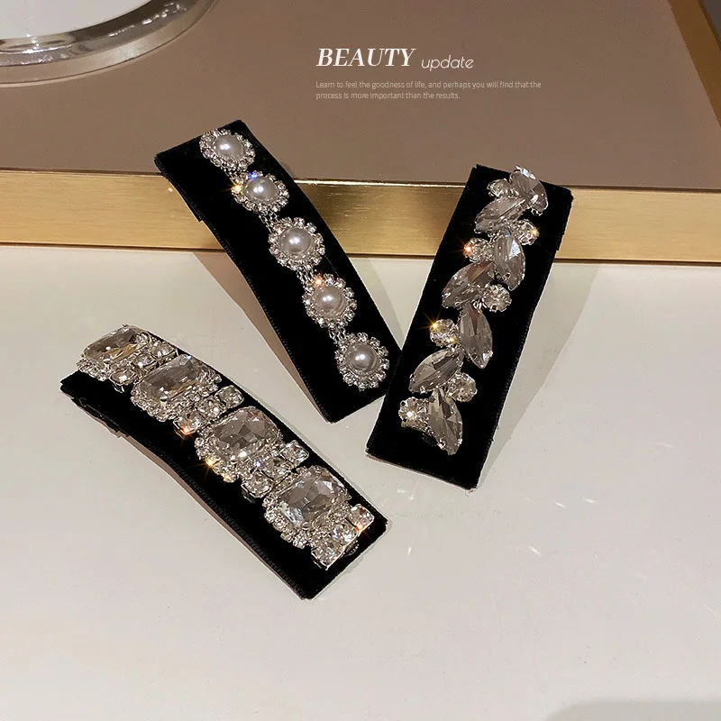 

Korean Black Series Diamond Pearl Rectangular Hair Clip Side Broken Bb Bangle Fashion Versatile Accessories