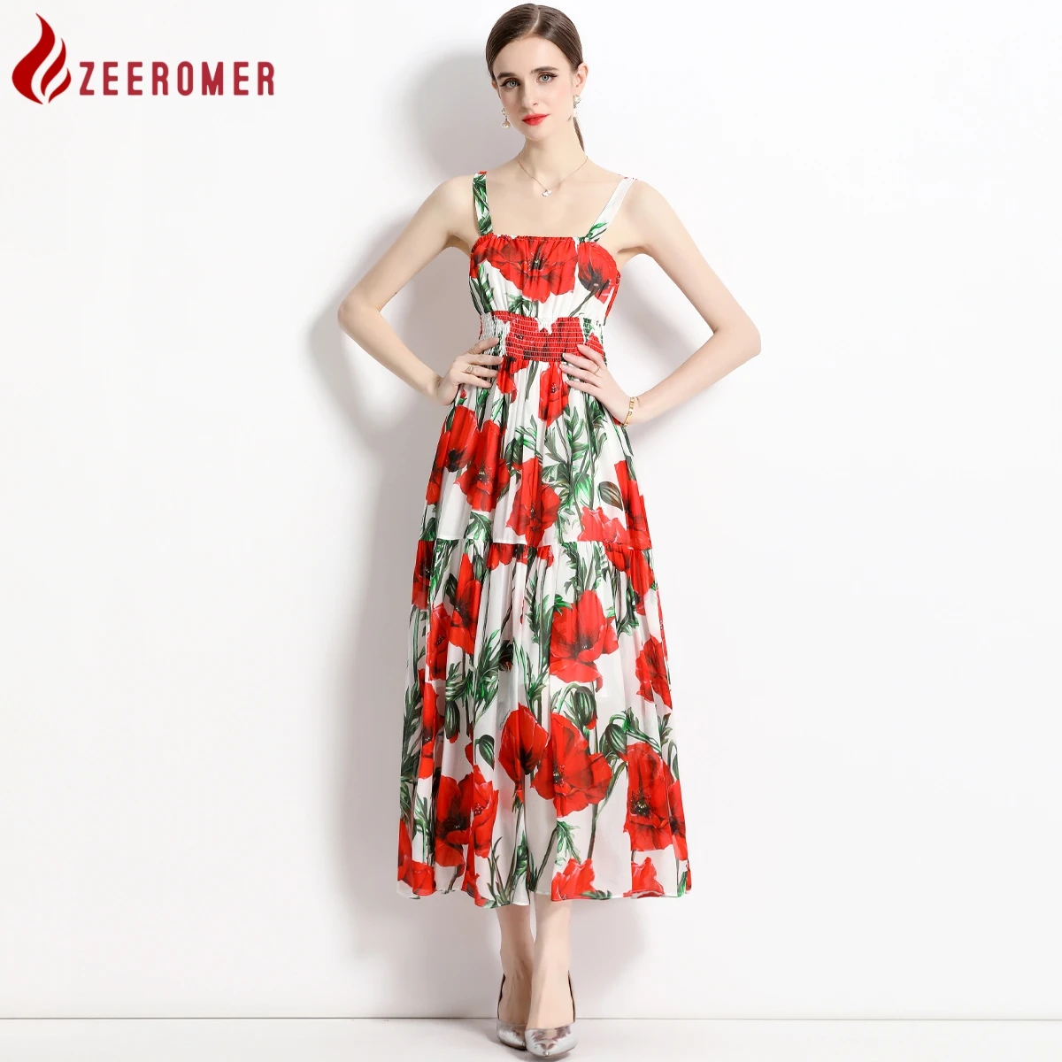 

ZEEROMER 2023, летнее модное дизайнерское длинное платье с принтом роз, женское сексуальное платье без рукавов с вырезом лодочкой на бретельках, праздничное платье