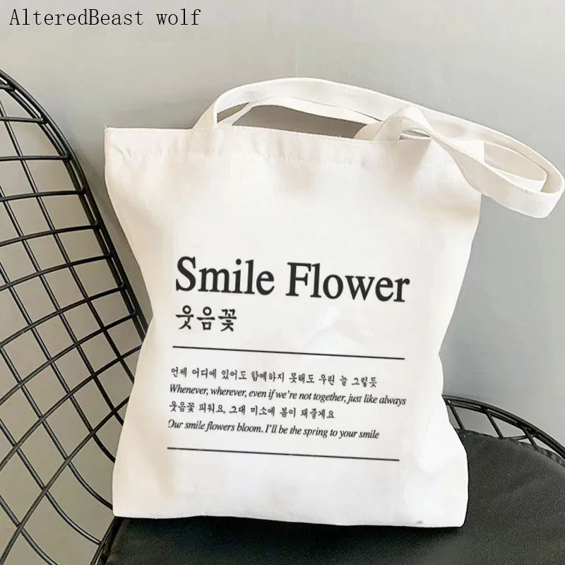 

Women Shopper Printed custom Handbags Seventeen Smile Flower Environmental Storage Reusable Canvas Shoulder Tote Bag school bag