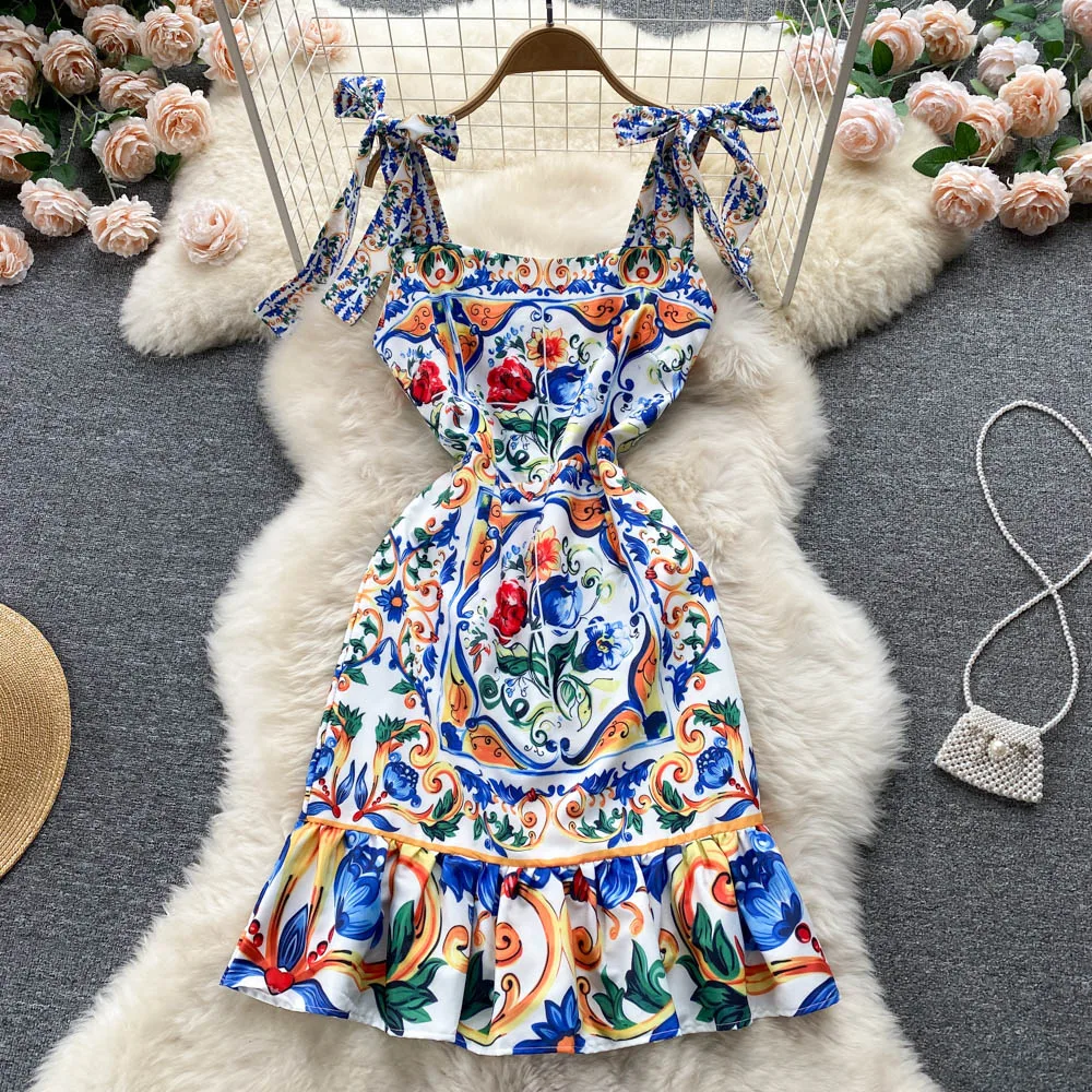 Runway Bow Spaghetti Strap Dress Summer Women Blue and White Porcelain Flower Print Ruffles Bodycon Mermaid Vestidos N6693
Runway Bow Spaghetti Strap Dress Summer Women Blue and White Porcelain Flower Print Ruffles Bodycon Mermaid Vestidos N6693