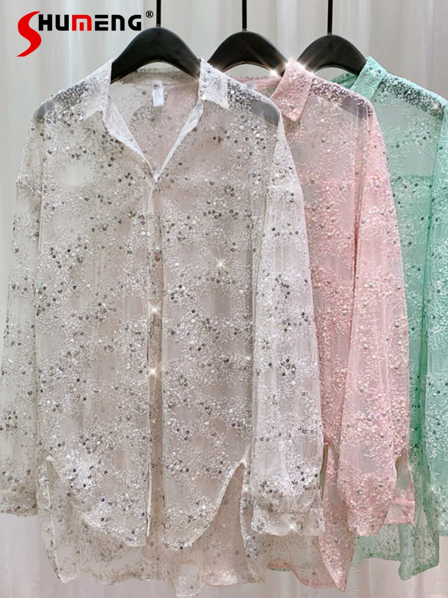 2022 Autumn Ladies New Fashion Streetwear Handmade Lace Sequined Shirt Women's Elegant Sun Protection Loose Mid-Length Blouses
2022 Autumn Ladies New Fashion Streetwear Handmade Lace Sequined Shirt Women's Elegant Sun Protection Loose Mid-Length Blouses