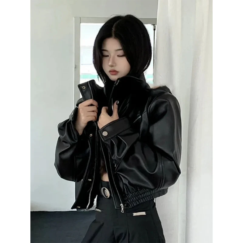 

Женская укороченная куртка MEXZT, черная мотоциклетная короткая куртка из искусственной кожи, винтажная Свободная Повседневная универсальная верхняя одежда в Корейском стиле