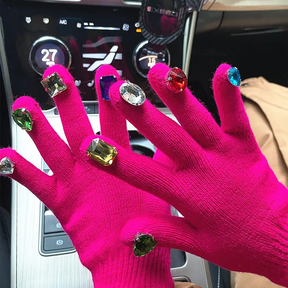 

1 Pair Korean Ins Random Color Rhinestones Gloves Knitting Fingernail Gloves Women Winter Warm Fashion Mitten