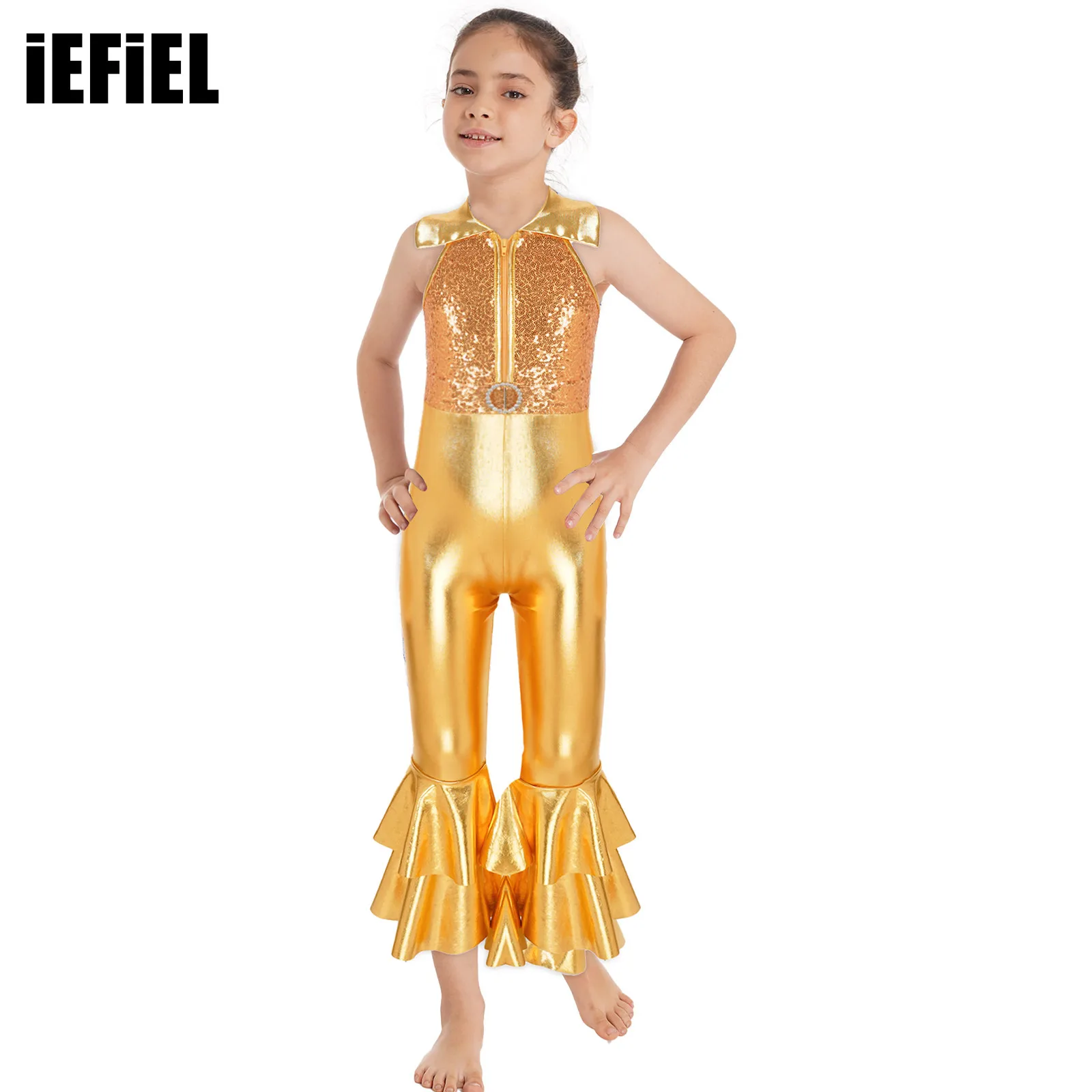 Kids Girls Shiny Sequins Decorated Zipper Jumpsuit Sleeveless O-ring Front Tiered Bell-bottom Long Pants Style Dance Leotards
Kids Girls Shiny Sequins Decorated Zipper Jumpsuit Sleeveless O-ring Front Tiered Bell-bottom Long Pants Style Dance Leotards