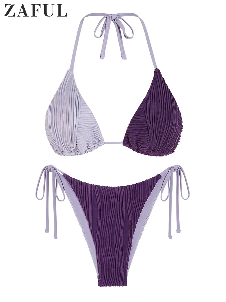 

ZAFUL Women's Triangle Swimsuit Halter Top High Cut Thong Bikini Set Textured Tie Side Bathing Suit Color Block Swimwear Sexy