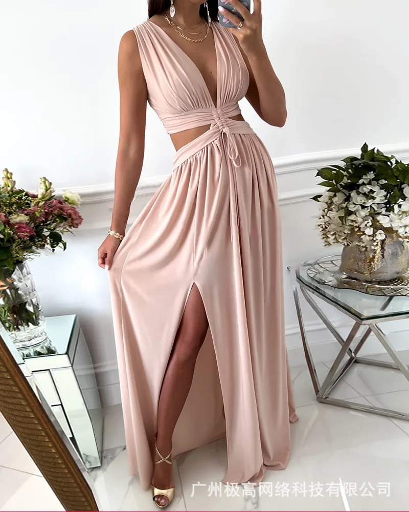 

Women Plunge Cutout Drawstring Slit Ruched Maxi Dress Hollow Out Fashion Sexy Party Evening Sleeveless V Neck Long Maxi Dress